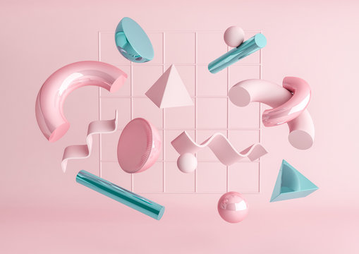 3d render realistic primitives composition. Flying shapes in motion isolated on pink background. Abstract theme for trendy designs. Spheres, torus, tubes, cones in metallic blue and pink colors. © Berezovska Anastasia