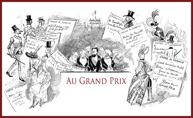 Fototapeta na wymiar French satirical magazine La vie Parisienne 1888, Grand Prix preparation,event invitations and service order, humor, caricatures, portraits
