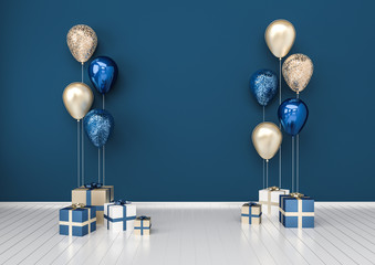 3D interior illustration with dark blue golden sequins balloons and gift boxes. Glossy metallic composition with empty space for birthday, party or other promotion social media banners.