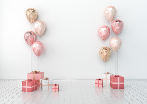 3D interior illustration with white, pink, golden sequins balloons and gift boxes. Glossy metallic composition with empty space for birthday, party or other promotion social media banners.