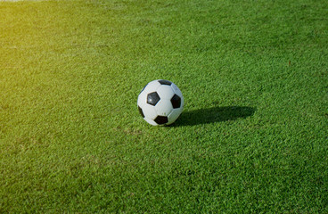 Soccer ball on green field at stadium with sunshine