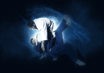 Obraz na płótnie Canvas The two judokas fighters fighting men