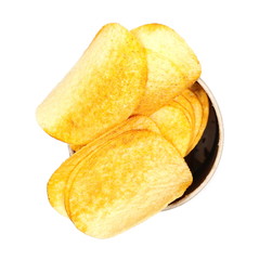 Barbecue flavored potato chips isolated on white background, top view