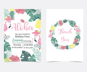 Green pink invitation card with plam, pineapple,hibiscus,flamingo,banana leaf,wreath and flower in summer