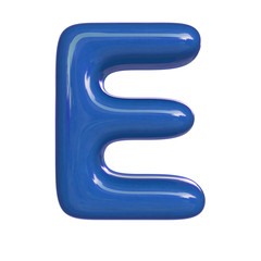 Glossy blue paint letter E. 3D render of bubble font isolated on white background