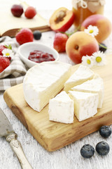 Blue cheese on breakfast table.