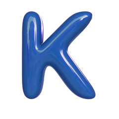Glossy blue paint letter K. 3D render of bubble font isolated on white background