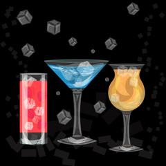 glasses of colorful drinks with ice cubes, set of summer tropical cocktail isolated on black background vector illustration