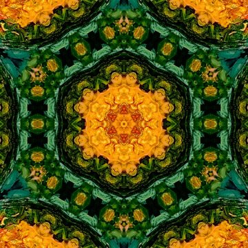 Original oil painting mandala. Mystic pictorial art. Magic sacred geometry. Meditative indian artwork. Feng shui and yoga traditional design pattern. Fantasy fractal symmetric creative print.