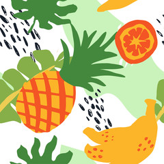 Minimal summer trendy vector tile seamless pattern in scandinavian style. Pineapple, banana, orange, palm leafs, abstract elements. Textile fabric swimwear graphic design for pring.