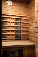 Interior of wooden sauna cabin for home.