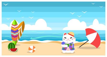 Summer beach background with surfboard, watermelon, ball, unbrella and cat drink coconut at seaside, flat design cartoon style.