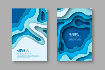 3d paper cut vertical banners. Shapes with shadow in different blue color tones. Papercraft layered art. Design for decoration, business presentation, posters, flyers, prints. Vector.