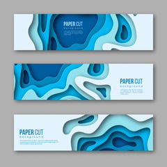 3d paper cut horizontal banners. Shapes with shadow in different blue color tones. Papercraft layered art. Design for decoration, business presentation, posters, flyers, prints. Vector.