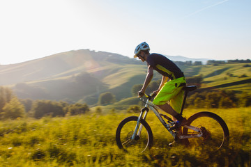 Obraz premium A cyclist on a mountain bike rises uphill. And looks at the scenic landscape.
