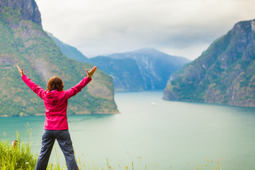Naklejka premium Woman with raised hands in norwegian mountains fjords