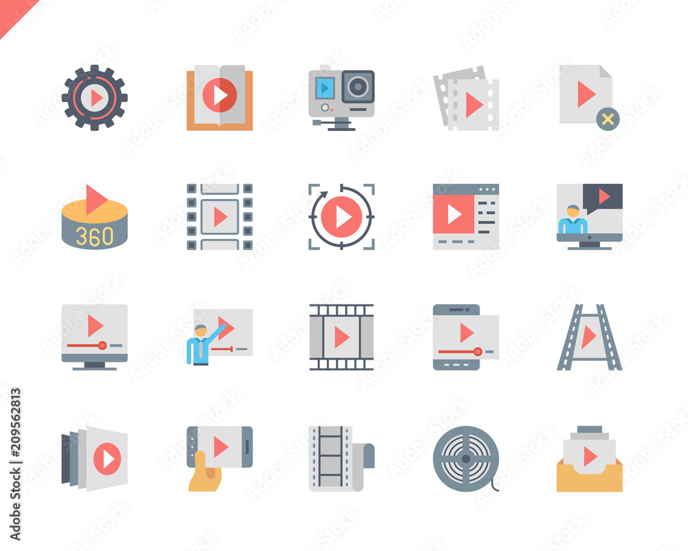 Poster simple set video content flat icons for website and mobile apps. contains such icons as presentation