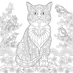 Cat and spring birds in the garden. Coloring Page. Colouring picture. Adult Coloring Book idea. 