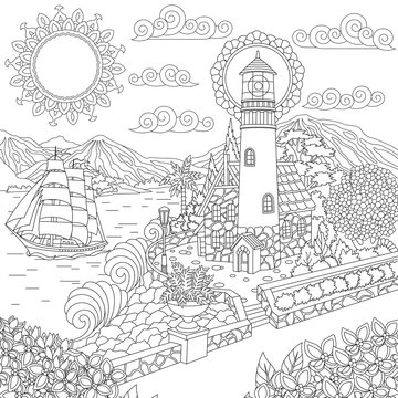 Lighthouse on sea shore and sailing ship. Coloring Page. Colouring picture. Adult Coloring Book idea. 