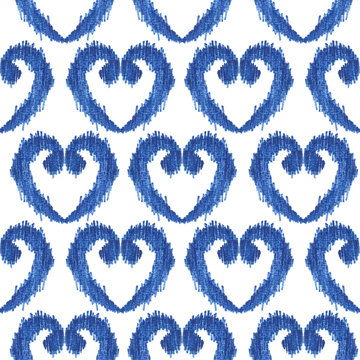 seamless blue heart shape ikat watercolor pattern on white background, ethnic fashion for textile, illustration