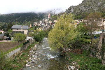 Fototapeta na wymiar historic village Tende and river at the Maritime Alps, France