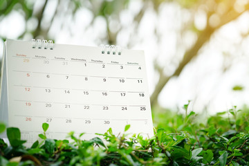 close up of calendar on green nature background with copy space, planning for business meeting or...