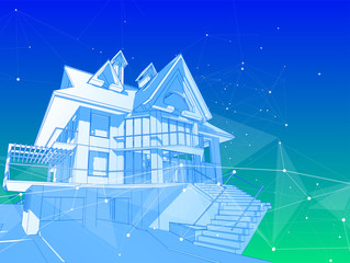 A modern house on a blue background surrounded by digital networks - an illustration of a smart eco-friendly home - the concept of modern information technology smart house or smart city / vector draw