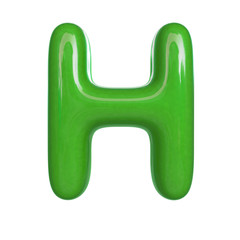Glossy green paint letter H. 3D render of bubble font isolated on white background
