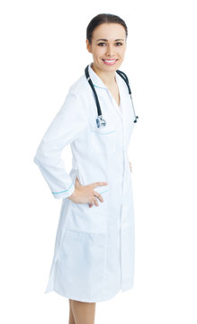 Top view full body portrait of female doctor or nurse, isolated on white background