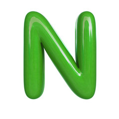 Glossy green paint letter N. 3D render of bubble font isolated on white background