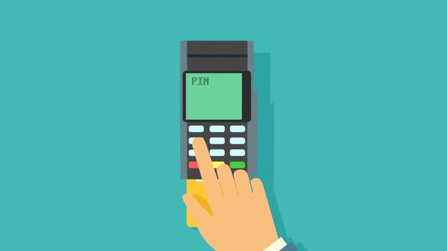 Card payment concept. A card is inserted into the reader. Entering PIN number.