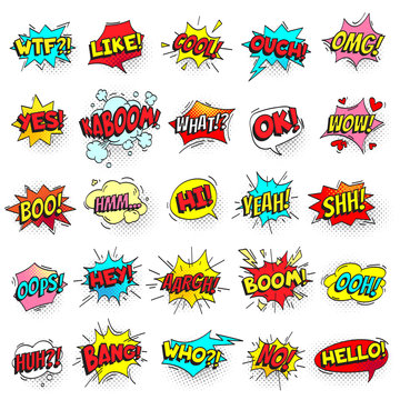 Bang, ouch shouts and yeah shouting text bubble with halftone pattern shadow. Pop art retro style shout speech bubbles vector set