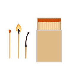 Matches. Matchbox, burning match and  burned match. Vector illustration isolated on white background.