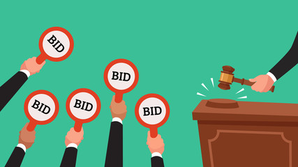 Auctioneer hold gavel in hand. Buyers raising arm holding bid paddles with numbers of price. Auction bidding vector illustration