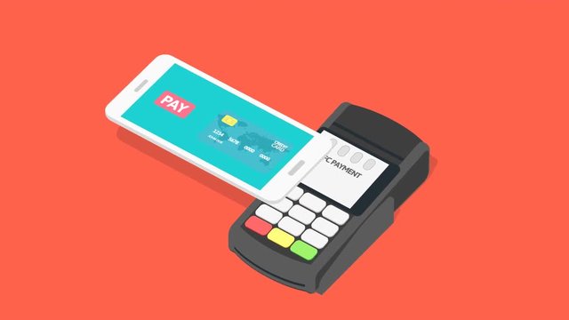 Smart cashless payment concept. Smartphone communicating with the terminal.