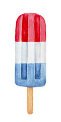 Red, white and blue patriotic popsicle on wooden stick. Hand drawn water color drawing on white, isolated clip art element for design. Memorial Day, Flag Day, 4th of July, Labor Day sweet decoration.