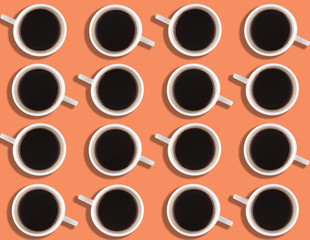 A pattern of small coffee cups on a bright colored background.