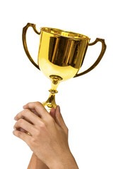 Man hands  holding golden cup, congratulations and winner on success.Copy space.Clipping path.