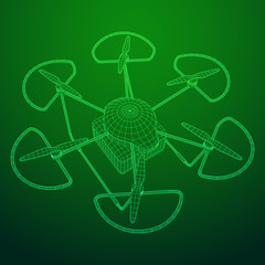 Fototapeta na wymiar Remote control air drone. Dron flying with action video camera. Wireframe low poly mesh vector illustration