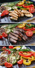 Grilled chicken and beef meat on grill pan with grilled and fresh vegetables. Summer healthy food. Collage of set photos.