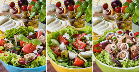 Tuna, Vitaminic green and Greek salad with feta and tasty selection of vegetables. Collage of set...