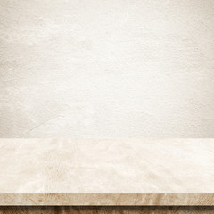 Fototapeta na wymiar Empty brown cement table over brown wall background, banner, table top, shelf, counter design for product display montage