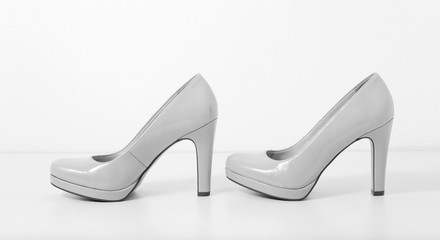 fashion female shoes with heels isolated. Black and white photo