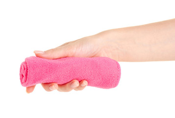 Microfibre cloth roll in hand on white background isolation
