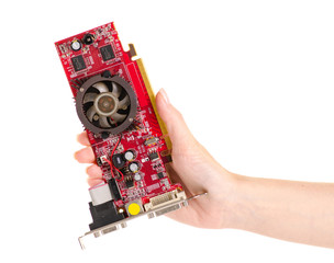 Video card in hand on white background isolation