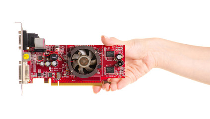 Video card in hand on white background isolation