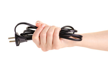 Cord with an plug in hand on a white background isolation