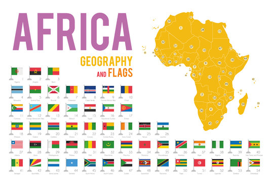 Set of 54 flags of Africa isolated on white background and map of Africa with countries situated on it.