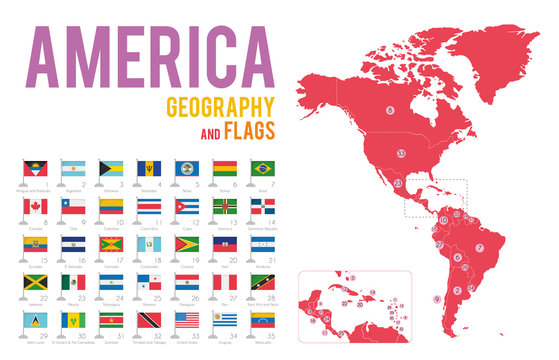 Set of 35 flags of America isolated on white background and map of America with countries situated on it.