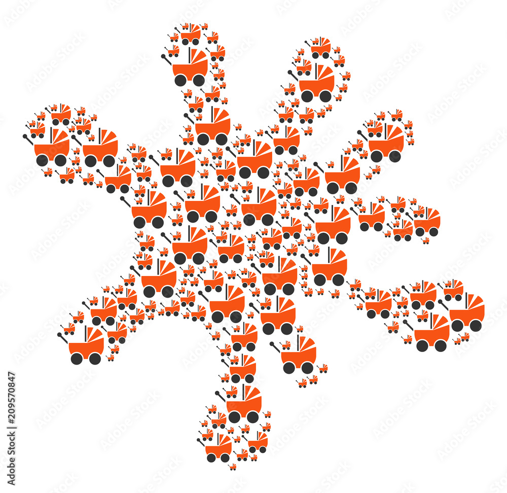 Poster splash mosaic made with baby carriage elements in various sizes. abstract vector splat representaion